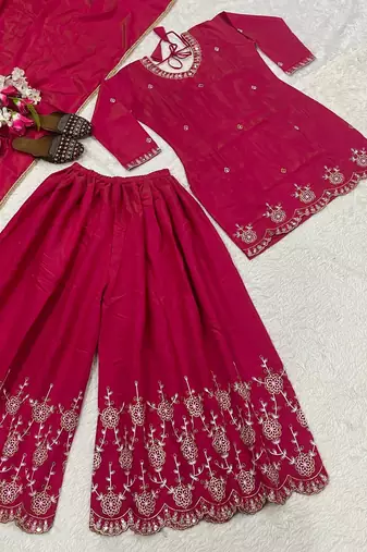 Pink heavy simmr silk coding & sequence work kurta plazzo and dupatta