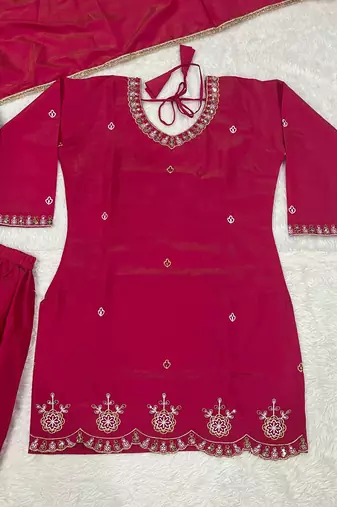 Pink heavy simmr silk coding & sequence work kurta plazzo and dupatta
