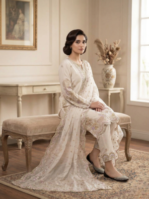 Cream natural crep silk palazzo suit with embroidery and multi needle sequence work 1