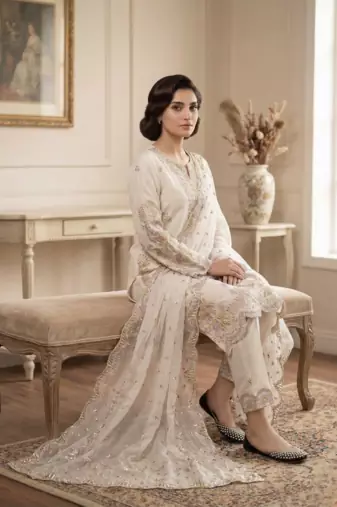 Cream natural crep silk palazzo suit with embroidery and multi needle sequence work