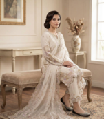 Cream natural crep silk palazzo suit with embroidery and multi needle sequence work