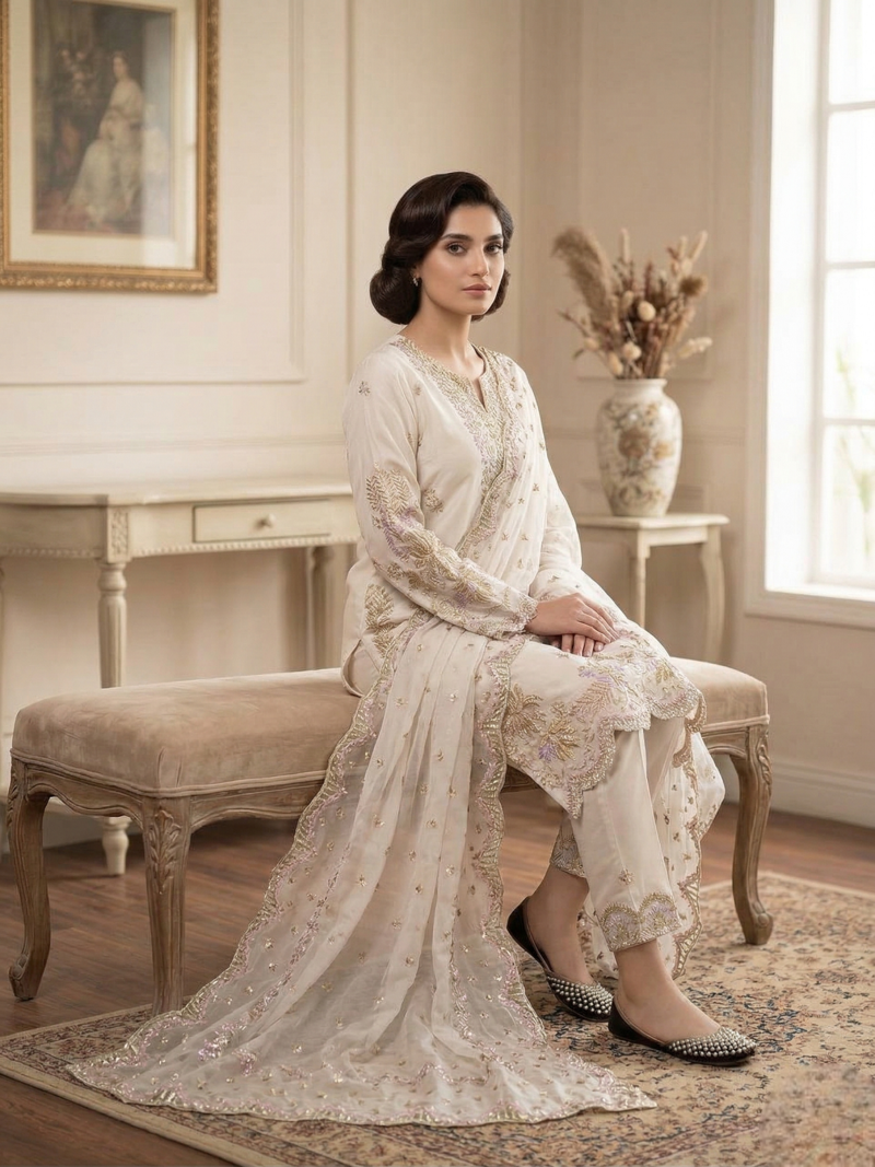 Cream natural crep silk palazzo suit with embroidery and multi needle sequence work