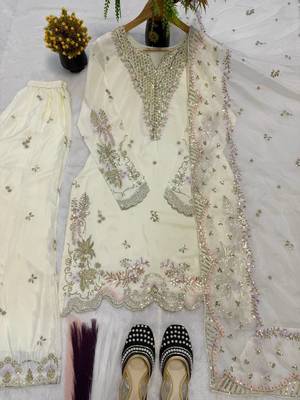Cream natural crep silk palazzo suit with embroidery and multi needle sequence work 4