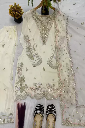 Cream natural crep silk palazzo suit with embroidery and multi needle sequence work