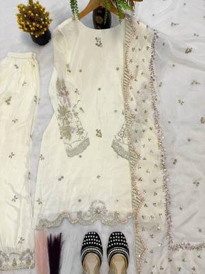 Cream natural crep silk palazzo suit with embroidery and multi needle sequence work 5