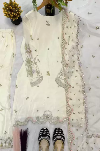 Cream natural crep silk palazzo suit with embroidery and multi needle sequence work