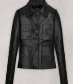 Women’s black minimalist biker style leather cropped jacket genuine lambskin