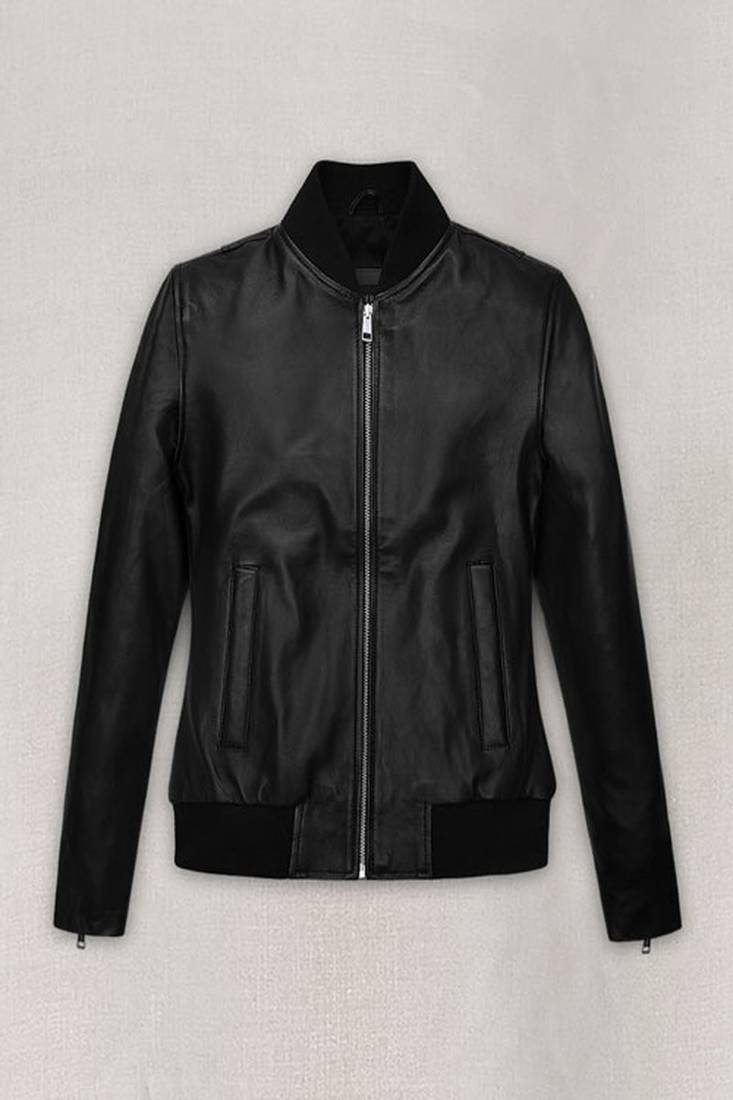 Women’s black leather short jacket cropped slim fit classic style coat