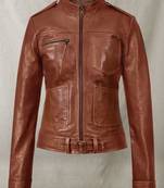 Women’s blue & black genuine leather biker jacket slim fit zip-up motorcycle coat