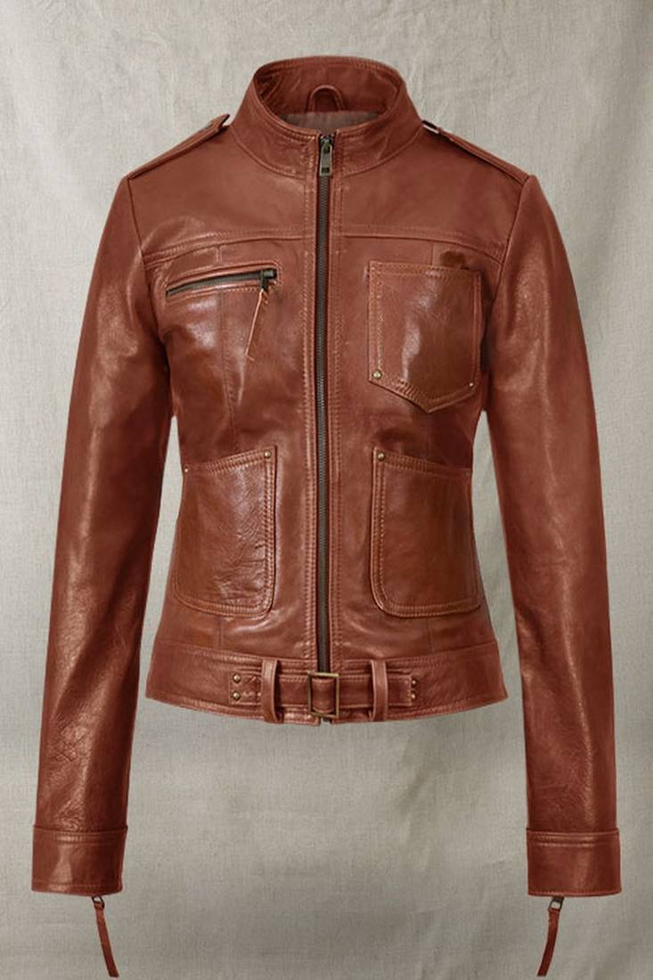 Women’s blue & black genuine leather biker jacket slim fit zip-up motorcycle coat