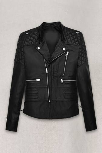 Women’s black leather biker jacket slim fit quilted motorcycle zip-up