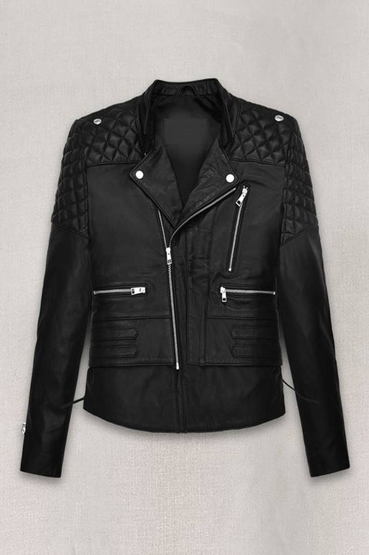 Women’s black leather biker jacket slim fit quilted motorcycle zip-up
