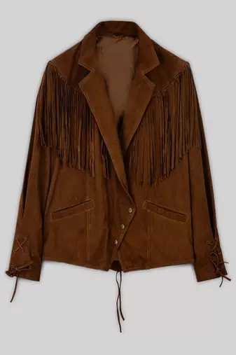 Women’s brown suede leather fringe design  biker jacket slim fit