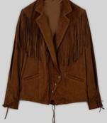 Women’s brown suede leather fringe design  biker jacket slim fit
