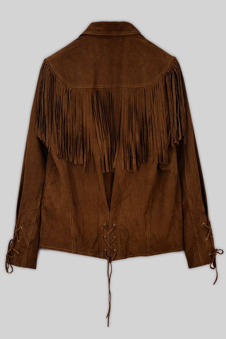 Women’s brown suede leather fringe design  biker jacket slim fit