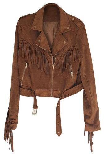 Women’s brown suede lambskin leather fringe design  biker jacket slim fit