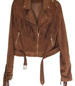Women’s brown suede lambskin leather fringe design  biker jacket slim fit