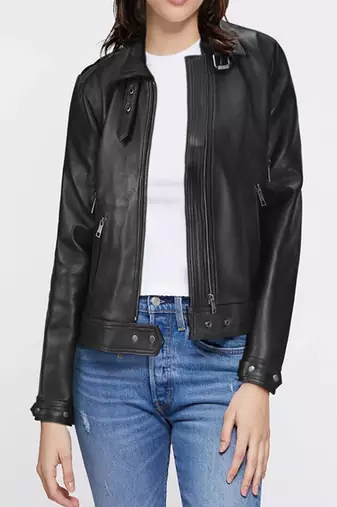 Women’s real lambskin black leather jacket western style motorcycle