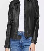 Women’s real lambskin black leather jacket western style motorcycle