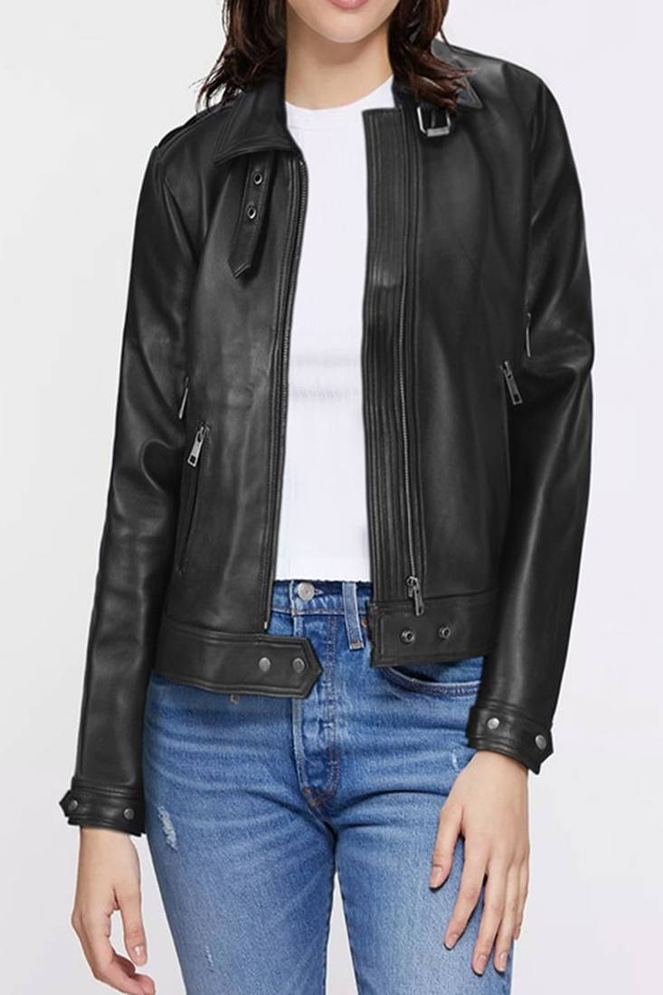 Women’s real lambskin black leather jacket western style motorcycle