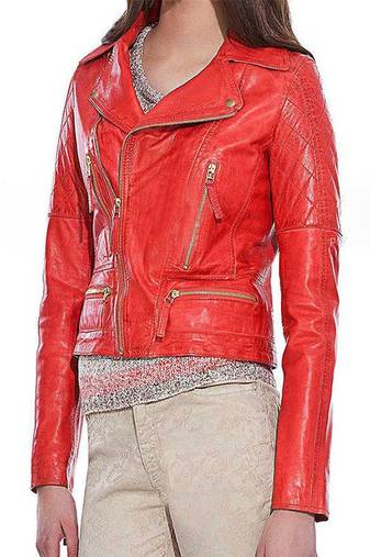 Women’s genuine lambskin leather jacket red moto biker slim fit classic