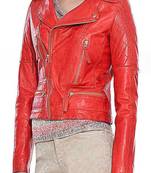 Women’s genuine lambskin leather jacket red moto biker slim fit classic