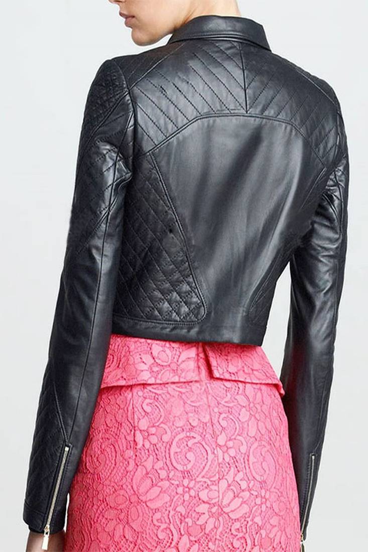 Women’s genuine quilted design soft lambskin leather jacket biker slim fit black color