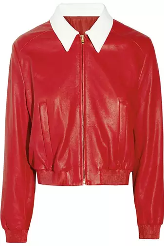 Women’s white collar red lambskin leather cropped jacket simple bottom  front casual style