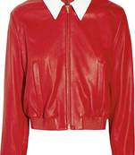 Women’s white collar red lambskin leather cropped jacket simple bottom  front casual style