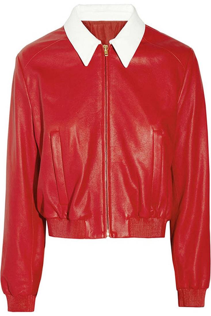 Women’s white collar red lambskin leather cropped jacket simple bottom  front casual style
