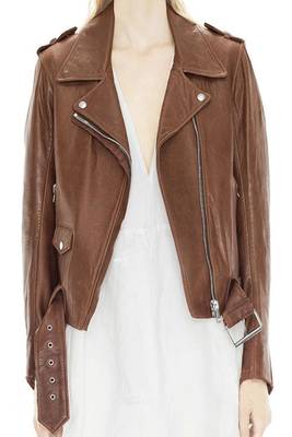 women's brown lambskin leather jacket classic zip up style 1