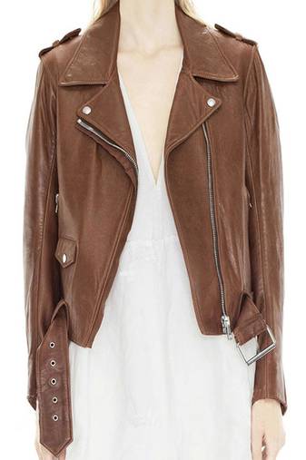Women’s brown color lambskin leather cropped jacket front casual style