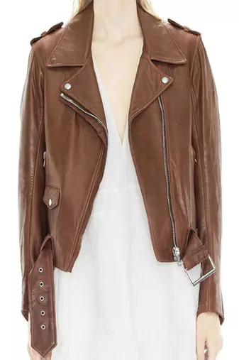 Women’s brown color lambskin leather cropped jacket front casual style