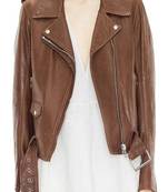 Women’s brown color lambskin leather cropped jacket front casual style