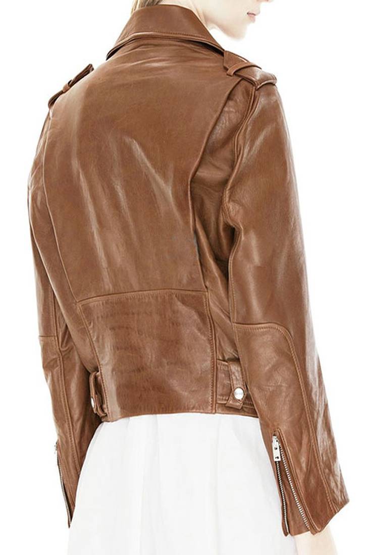 Women’s brown color lambskin leather cropped jacket front casual style