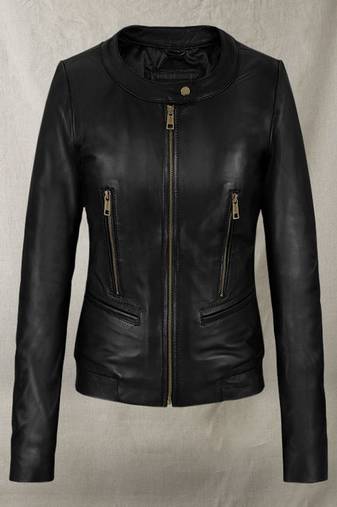 Women’s black  genuine leather crop jacket zip  detail minimalist biker jacket