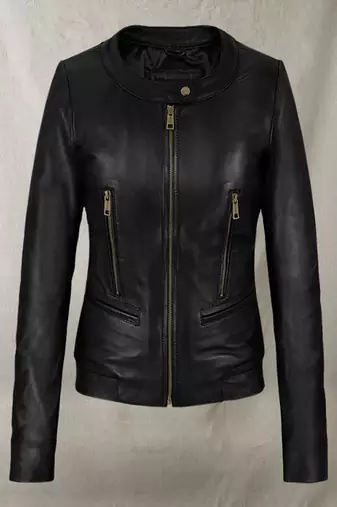 Women’s black  genuine leather crop jacket zip  detail minimalist biker jacket