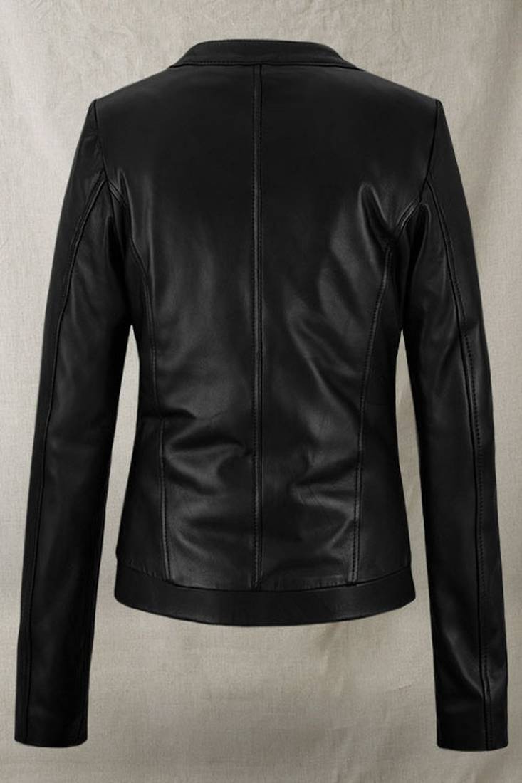 Women’s black  genuine leather crop jacket zip  detail minimalist biker jacket