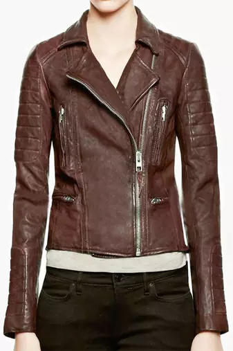 Women’s brown leather cropped jacket minimalist zip detail slim fit style
