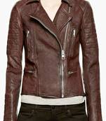 Women’s brown leather cropped jacket minimalist zip detail slim fit style