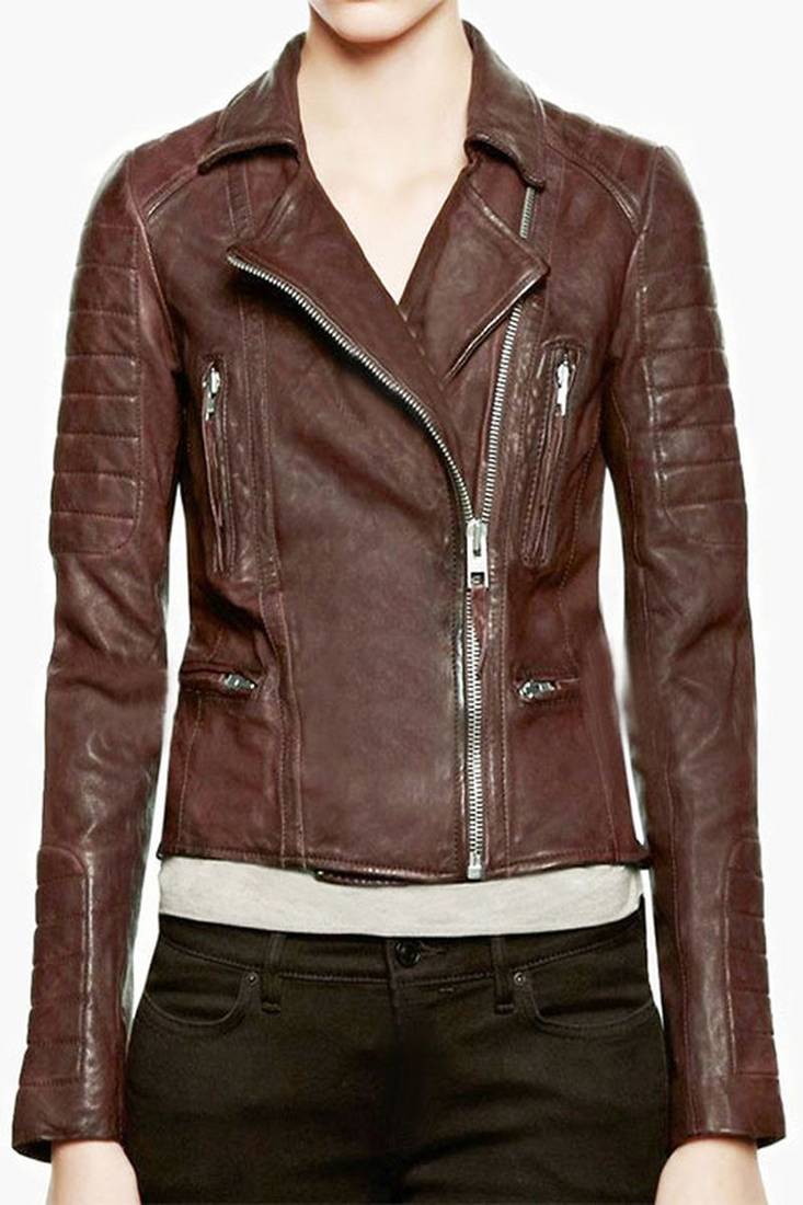 Women’s brown leather cropped jacket minimalist zip detail slim fit style