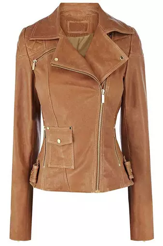Women's tan color leather jacket biker motorcycle slim fit stylish classic look
