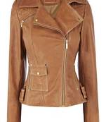 Women's tan color leather jacket biker motorcycle slim fit stylish classic look