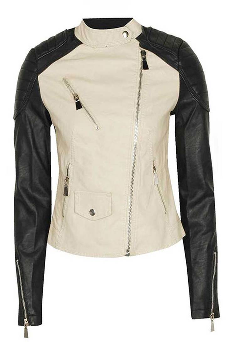 Women’s genuine soft black & white lambskin leather jacket moto biker slim fit classic