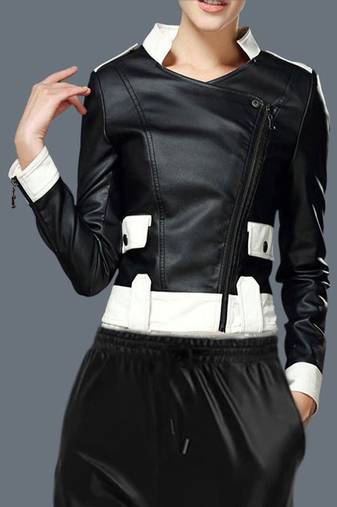 Women’s stylish black & white leather jacket genuine lambskin western button pockets
