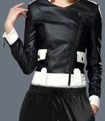 Women’s stylish black & white leather jacket genuine lambskin western button pockets