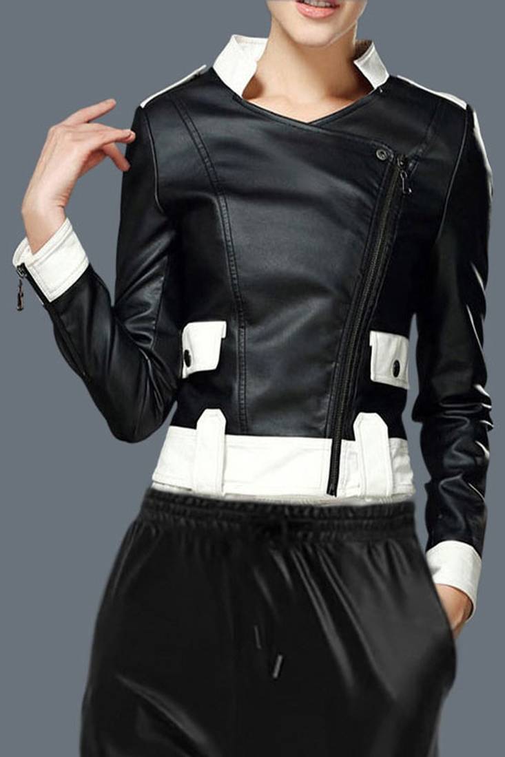 Women’s stylish black & white leather jacket genuine lambskin western button pockets