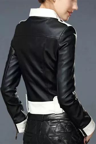 women's black and white lambskin leather jacket classic zip up
