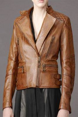 women's brown sheepskin leather jacket classic zip up style 1