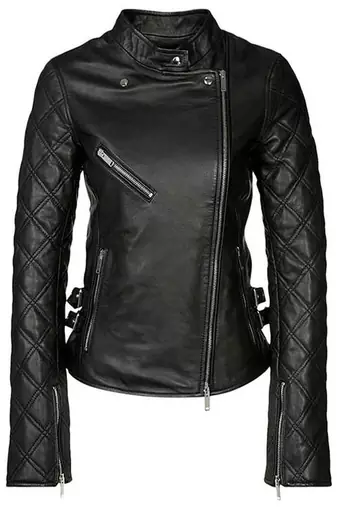 Women’s black stylish zip pockets leather jacket genuine lambskin western biker style